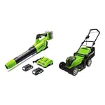 Greenworks 2x24V blower, mower with 2x2Ah battery and dual-slot charger