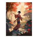 Geisha Performing Traditional Dance Warm Painting Graceful Dancing Falling Leaves Floral Japan Kimono Autumn Tree Tranquil Garden Landscape Unframed W