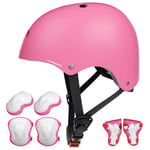 KORIMEFA Casque Vélo Enfant Set de Protection Roller pour Enfants Filles Garçons 3-13 Ans Casque Réglable Coudières Genouillère Protège-Poignets Protection Trottinette Skateboard (Rose)