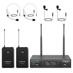 Phenyx Pro Dual UHF Wireless Microphone System，Auto-Scan Cordless Mic Set with 2x100 Frequencies, 2 Bodypacks & Headsets/Lapel Microphones for Speaking, Singing, Church, DJ (PTU-71-2B)