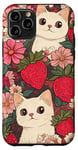 Coque pour iPhone 11 Pro Marron Pop Art Paisley Mignon Rose Fraise Chat Imprimé