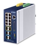 PLANET Industrial L3 8-Port Håndtert Gigabit Ethernet (10/100/1000) Strøm over Ethernet (PoE) Aluminium, Blå