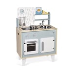 Janod - Plume Kitchen - Children's Wooden Cooker - with Oven, Stainless Steel Sink, Cupboard, Induction Cookers and Clock - Wooden Kitchen with 5 Accessories - from 3 Years Old, J06608