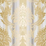 Galerie CS35605 Classic Silks 3 Fine Stripe Damask Wallpaper, Grey/Gold, 10m x 52.8cm