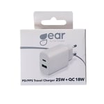 GEAR Charger 220V 1xUSB-C + 1xUSB-A PD/PPS 25W + 18W QC White