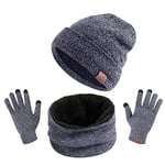 TAGVO Tricotés Ensemble d'hiver Bonnet écharpe gants d'écran tactile 3 en 1, doublure molleton doux Bonnet tricoté chaud cache-cou extensible gants tactiles à 3 doigts pour Homme Femme