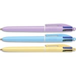 Bic Stylo bille rétractable 4 couleurs. Pointe 1,0mm. Corps pastel. Couleurs aléatoires jaune-mauve-bleu