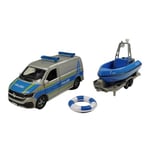 Kids Globe VW Transporter Police avec Bateau DE Die Cast Pull Back 29 cm, Jouet pour Enfants, Bleu