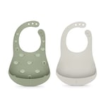 Suavinex, Lot de 2 Bavoirs en Silicone Imperméables pour Bébé. Facile à Nettoyer. Souple et Flexible. Ajustable. Avec Poche. Pour les Bébés +4 Mois. Gris + Vert