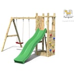 Aire de jeux funny 3 avec échelle, bac à sable, toboggan vert, mur d'escalade et balançoire 2 sièges - Kit sécurité ancrage - Fungoo