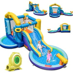 Château Gonflable Océan 6 en 1 avec Toboggan Aquatique & 2 Piscines, Maison de Rebond Gonflable avec Souffleur 680W, Canon à Eau, Zone de Saut,