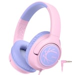 iClever Kids Headphones, Wired Headphones for Kids 85dBA Safe Volume Limit, Stereo Sound Foldable Adjustable Over Ear, 3.5mm Jack Boys Girls Childrens Headphones for School/Travel/Tablet/PC, Pink