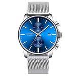 Montres pour Homme Mode Sport Quartz Analogique Noir Maille Acier Inoxydable Étanche Chronographe Montre-Bracelet Auto Date en - Bleu argenté