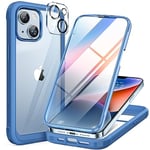 Miracase Compatible avec iPhone 14 Plus 6.7, 2023 - Coque intégrale Transparente avec Protection d'écran en Verre trempé 9H intégré + Protecteur d'objectif d'appareil Photo pour iPhone 14 Plus (Bleu