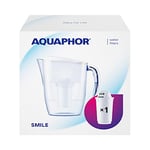 AQUAPHOR Water Filter Jug Smile, Space-saving, Lightweight Fridge door fit 2.9L Capacity 1 X A5 350L Filter Included Reduces Limescale Chlorine & Microplastics, White.