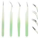 4 Pcs Eyelash Extension Tweezers, Nail Art Tweezers, No Gaps Stainless Steel Firm Grip Lash Tweezers, for Volume & Fan Making (Gradient Green)