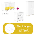 Sauthon Chambre bébé complète Baltic Blanc : lit 60x120 têtes blanches, commode, armoire, plan à langer offert