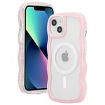 ZCDAYE Magnetic Case for iPhone 13, Cute Curly Wave Frame Case Compatible with Wireless Charging, Transparent Protective iPhone 13 Cover for Women Girls,Pink