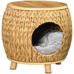 Rattan Cat Cave 2-I-1 Designkorg Med Kudde För Husdjurssäng Vattenhyacintgräs Paulownia Trä Ljusbrun + Grå 44 X 43 X 42 Cm