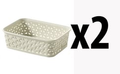 2 x Curver Rattan Storage Basket Tray Desk Tidy Office A6 Vintage White Cream