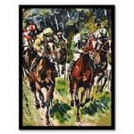 Artery8 Jockeys in Horse Racing Scene Modernist Painting Man Cave Fathers Day Artwork Framed Wall Art Print A4