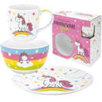 GRUSS & CO 48842 Service de table motif licorne | Coffret cadeau avec 1 tasse, 1 assiette et 1 bol, en porcelaine | Cadeau de rentrée scolaire, maternelle, anniversaire d'enfant | 48842