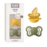 BIBS Couture Soother 2-Pack, BPA Free Dummy Pacifier, Orthodontic Nipple. Natural Rubber Latex, Size 2 (6-18 Months), Honey Bee/Olive