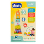 Chicco - Jeu de Tour Empilable avec Boules Stack&Fun, 6 Gobelets Empilables et 4 Boules, Socle avec Puzzle, Effet Surprise, 6-36 Mois, Multicouleur