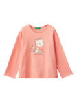 Benetton Long Sleeve Textured Tulle Cat Cotton T-Shirt