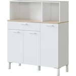 Pegane - Buffet meuble cuisine 3 portes + tiroir coloris blanc artic / chêne canadien - Hauteur 126 cm x Longueur 108 cm x Profondeur 40 cm