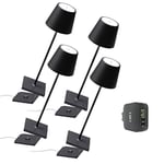 [AmazonExclusive] Zafferano Set 4x lampes portables Poldina Pro, chargeur quadruple USB Aiino pour charger lampe/smartphone en simultané, LED tactile réglable, base de charge àcontact, H38cm - Noir