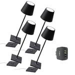 Zafferano [AmazonExclusive] Set 4x lampes portables Poldina Pro, chargeur quadruple USB Aiino pour charger lampe/smartphone en simultané, LED tactile réglable, base de charge àcontact, H38cm - Noir