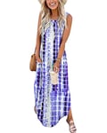 AUSELILY Robe Longue Femme Ete Robe Maxi sans Manches Robe de Plage Robe Décontractées Femme Longue avec Poches XL Teinture Plaid Bleu Violet