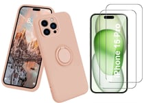 Coque Silicone Pour iPhone 15 Pro Couleur Rose Avec Anneau Support + 2 Verres Tr