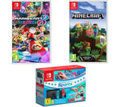 Switch Neon Red & Blue, Sports, Mario Kart 8 Deluxe, Minecraft & Nintendo Switch Online 12 Month Membership Bundle, Red,Blue