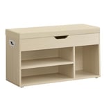 VASAGLE Banc à Chaussures Rembourré, Banc de Rangement, 3 Compartiments, Rangement Caché, Étagères, pour Salon, Entrée, Chambre, Capacité de Charge 150 kg, Beige Naturel LHS030K02