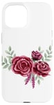 Coque pour iPhone 15 Roses bordeaux minimalistes avec feuilles délicates