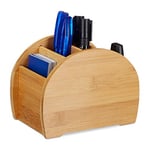 Relaxdays Bamboo Pen Holder, 4 Compartments, Natural Look, Office Desk Stationery Organiser, Natural