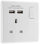 BG Electrical 821u2 Single Switched 13 A Fast Charging Power Socket with Two USB Charging Ports, 2.1 A, 5 V, 10.5 W, Round Edge, White