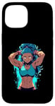 Coque pour iPhone 15 Blue Hair Dark Skin Fitness Modèle Posant Illustration