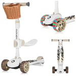 LIONELO Franky 2en1 Trottinette d'équilibre pour Enfants de 3 Ans à 50 kg Patinette de 1 an à 20 kg Roues LED Réglable en Hauteur, Plateforme Antidérapante, Panier (Beige)