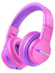 iClever BTH12 Kids Bluetooth Headphones,Colorful LED Lights Wireless Kids Headphones,74/85/94dB Volume Limited,85H Playtime,Bluetooth 5.2,Over Ear Kids Headphones for iPad/Tablet/Airplane, Hot Pink