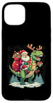 Coque pour iPhone 15 Plus Costume de pyjama Père Noël chevauchant dinosaure T rex cerf lumières de Noël