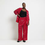 River Island Womens Wide Leg Trousers Plus Red Sequin Mid Rise Pants Bottoms