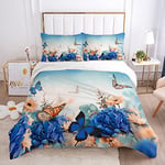 Sedefen Tropical Housse de Couette 220x240 cm Ado Bleu Floral Fleurs Papillon Parure de Lit 2 Personnes avec Fermeture Éclair Adultes - Housse Couette en Microfibre avec 2 Taie d'oreiller 65x65 cm