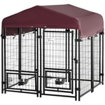 Chenil extérieur pour chien - cage chien - enclos chien - toile toit imperméable anti-UV, porte verrouillable, 2 bols rotatifs - acier noir oxford