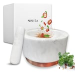 NIKITA White Marble Pestle and Mortar Set - Large Mortar and Pestle Set for Herb and Spice Crusher Kitchen Set - Heavy and Durable Stone Pestle and Mortar - Rose Gold