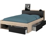 Lit adulte combo 140x190/200 cm - Chene et noir - 3 Tiroirs Parisot