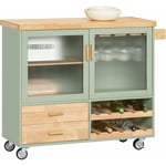 FKW114-GR Desserte de Cuisine sur roulettes Îlot Central de Cuisine Chariot de Cuisine Buffet avec Plateau en Bois d'Hévéa, 2 Portes, 2 Tiroirs et