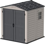 Duramax StoreMate PLUS 6 x 6 (3.65 m2) Plastic Garden Shed with Heavy-Duty Plastic Floor & Fixed Window, Strong Metal Roof Structure, Fire Retardant & Maintenance-Free Storage Shed, Dark Grey & Adobe